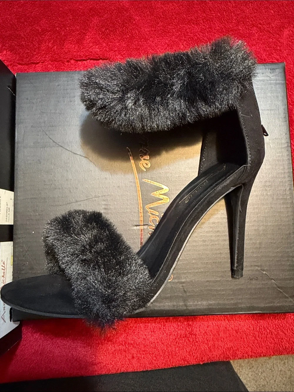 Black Faux Fur Ankle-Strap Stiletto Sandals